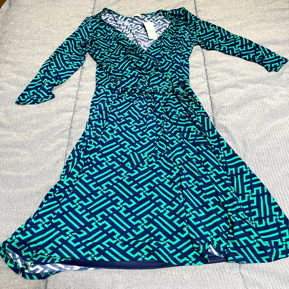 NWT Stitchfix 41 Hawthorn Womens L Blue Green Faux Wrap Dress Knee Length